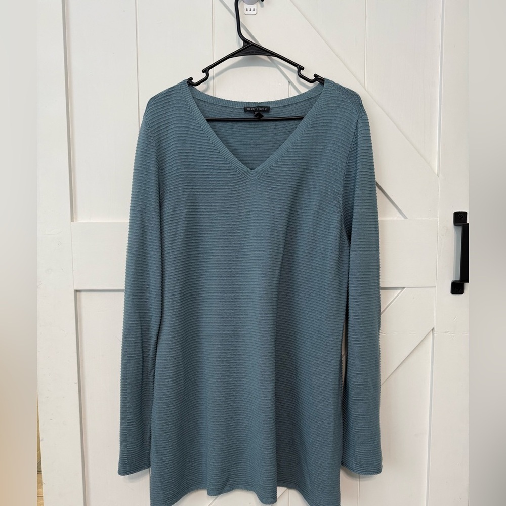 Eileen Fisher Teal Knit V Neck Pullover Long Sleeve Blouse size large